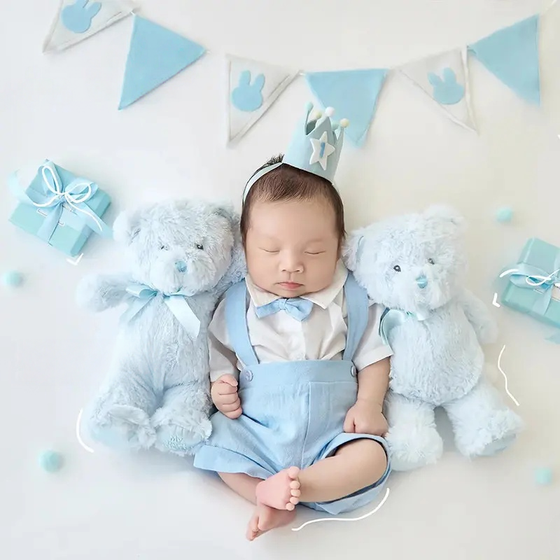 Baby Boy Sky Blue Bear Theme Set - Birthday Style Newborn Props